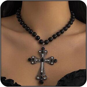 Women Black Pearl Cross Necklace - Chunky Gothic Punk Vintage Cross Jewelry